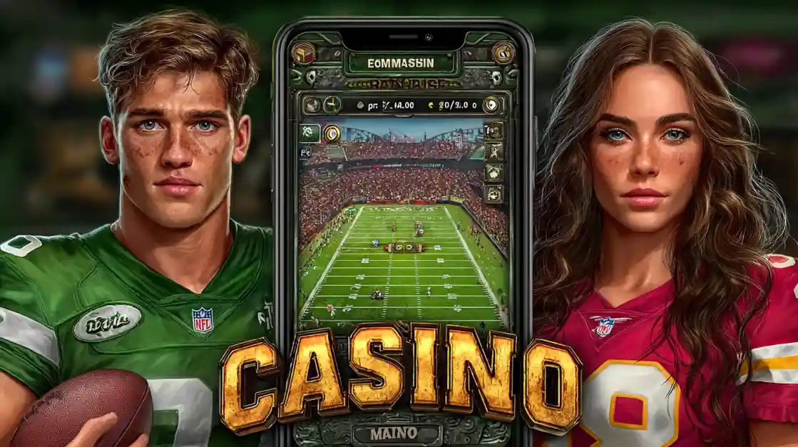 Male and female American football players standing on either side of a smartphone that displays a football-themed casino game interface.