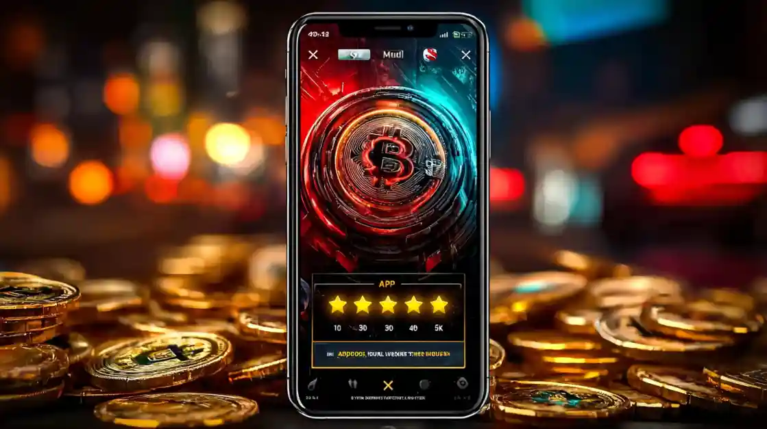A smartphone with a glowing Bitcoin logo on its screen, symbolizing a top-rated crypto casino app, sits on a pile of gold coins.