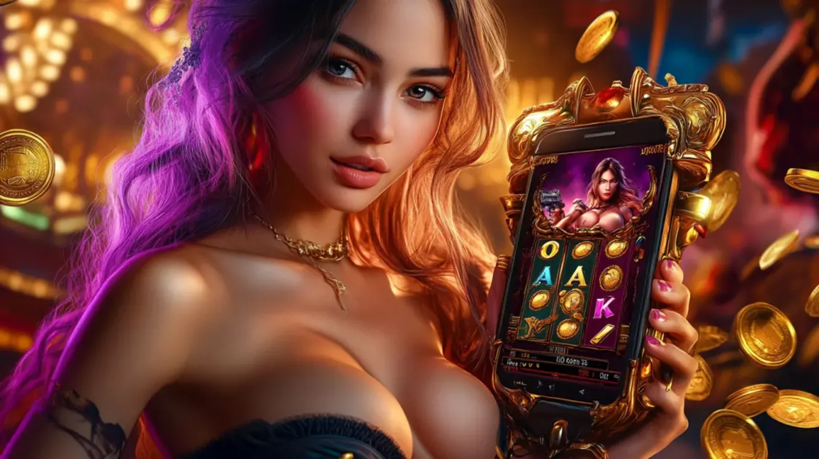 A smartphone screen showcasing a casino app with a grid of various slot games, with the word APP highlighted in large, bold letters above the game selection.