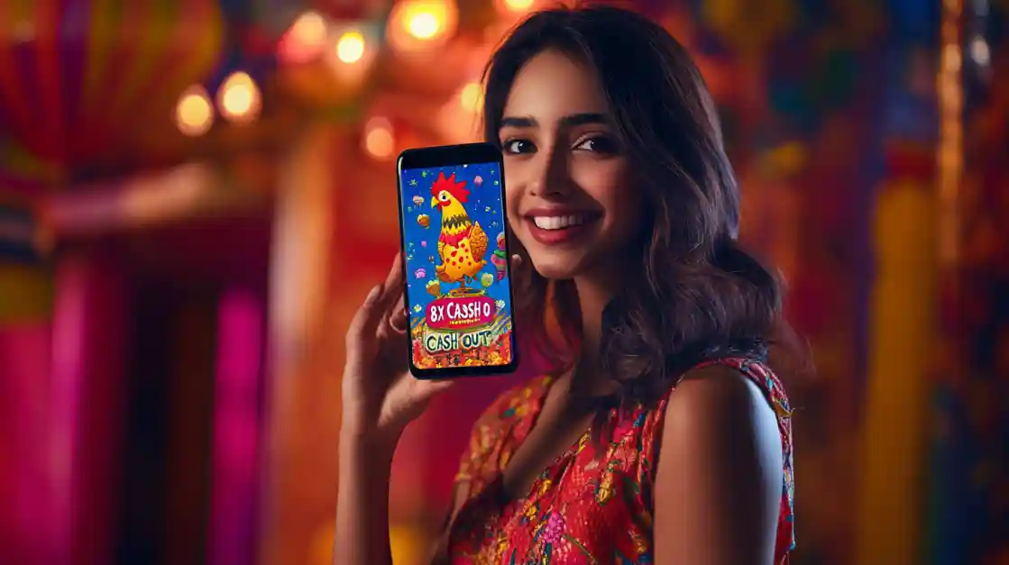 A happy woman in a festive, colorful setting holds her phone to show off a winning 8x Cash Out on a mobile casino game.