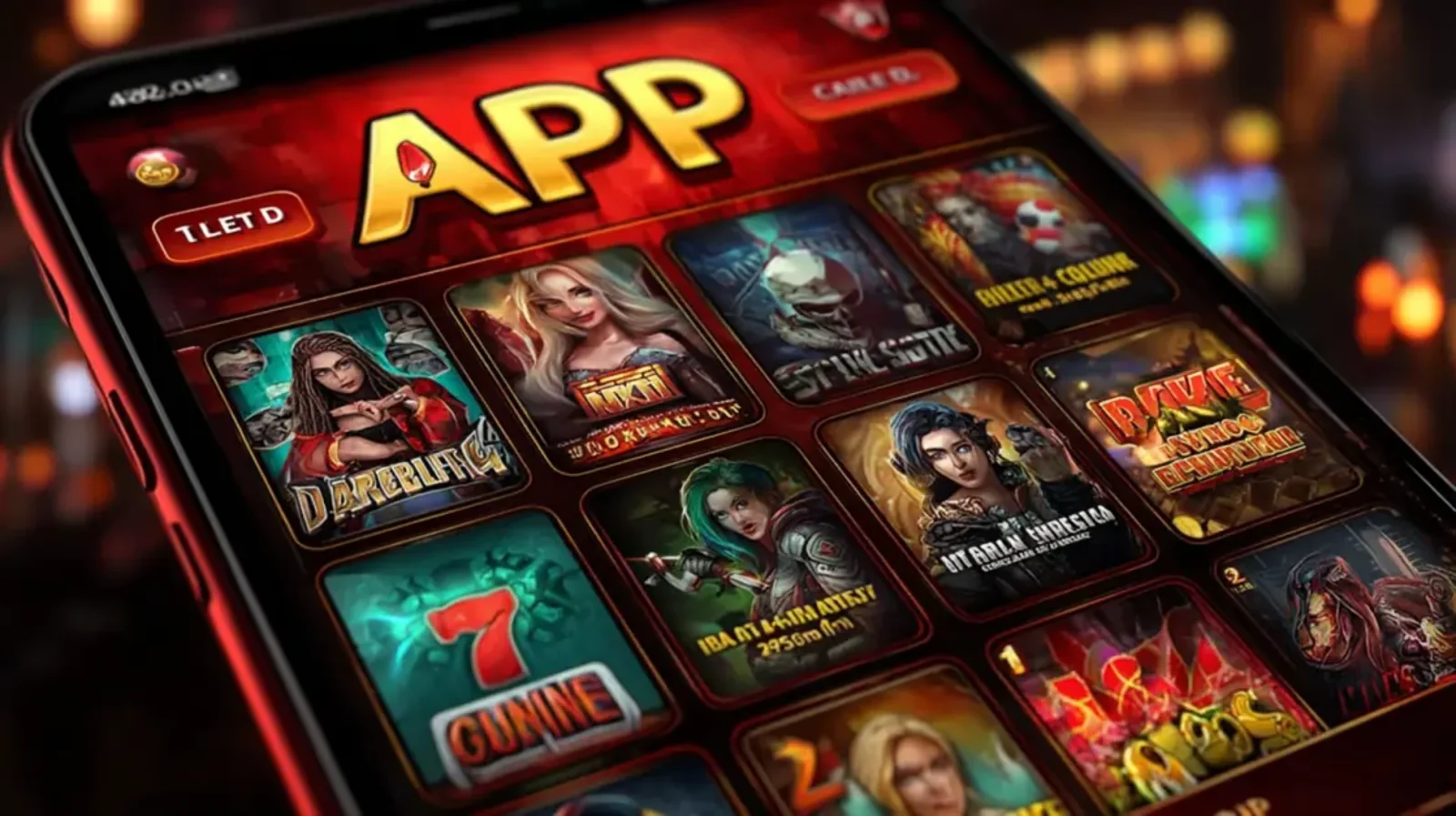 A woman in a red bikini and a straw hat relaxes on a beach while holding a smartphone that displays an engaging fantasy-themed mobile game app.