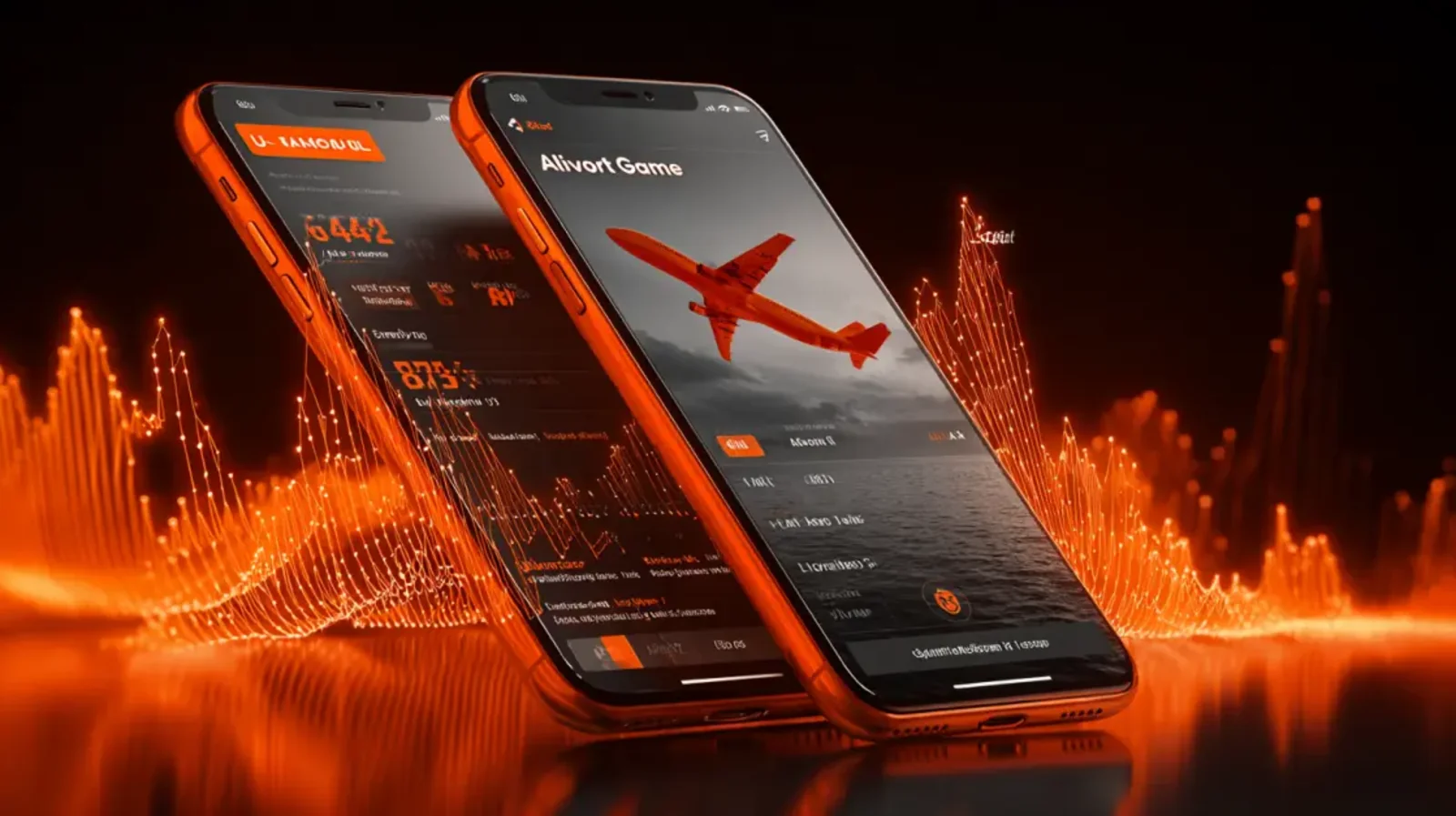 A red airplane from the Aviator crash game is shown flying across a tablet and several smartphones, all displaying the game's interface and thrilling action.