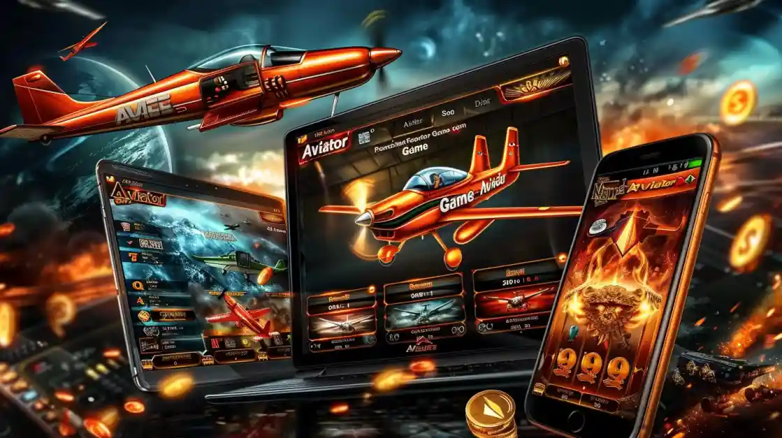 The Aviator game showcased across a laptop, tablet, and smartphone, with fiery graphics, flying planes, and gold coins creating an exciting scene.