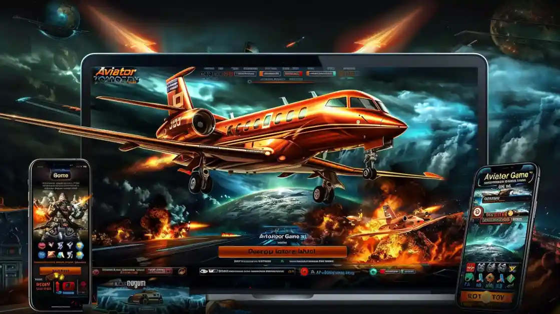 The Aviator crash game displayed on a laptop and two mobile phones, featuring a large red jet flying out against a dramatic, fiery backdrop.