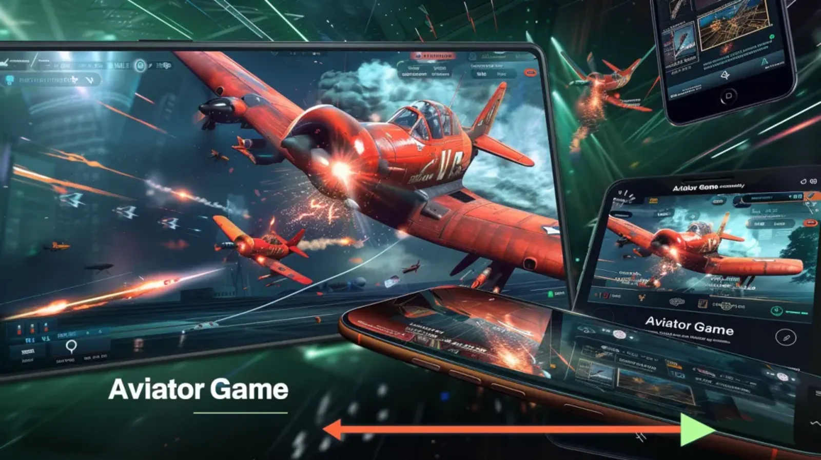A classic red propeller airplane is the centerpiece, flying out of multiple device screens showing the Aviator game against a dynamic, futuristic background.