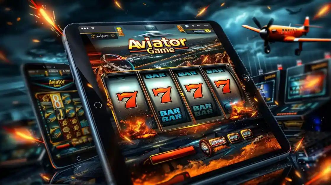 A close-up of a tablet displaying the Aviator slot game, with fiery 777 and BAR symbols on the reels and a plane flying in the background.