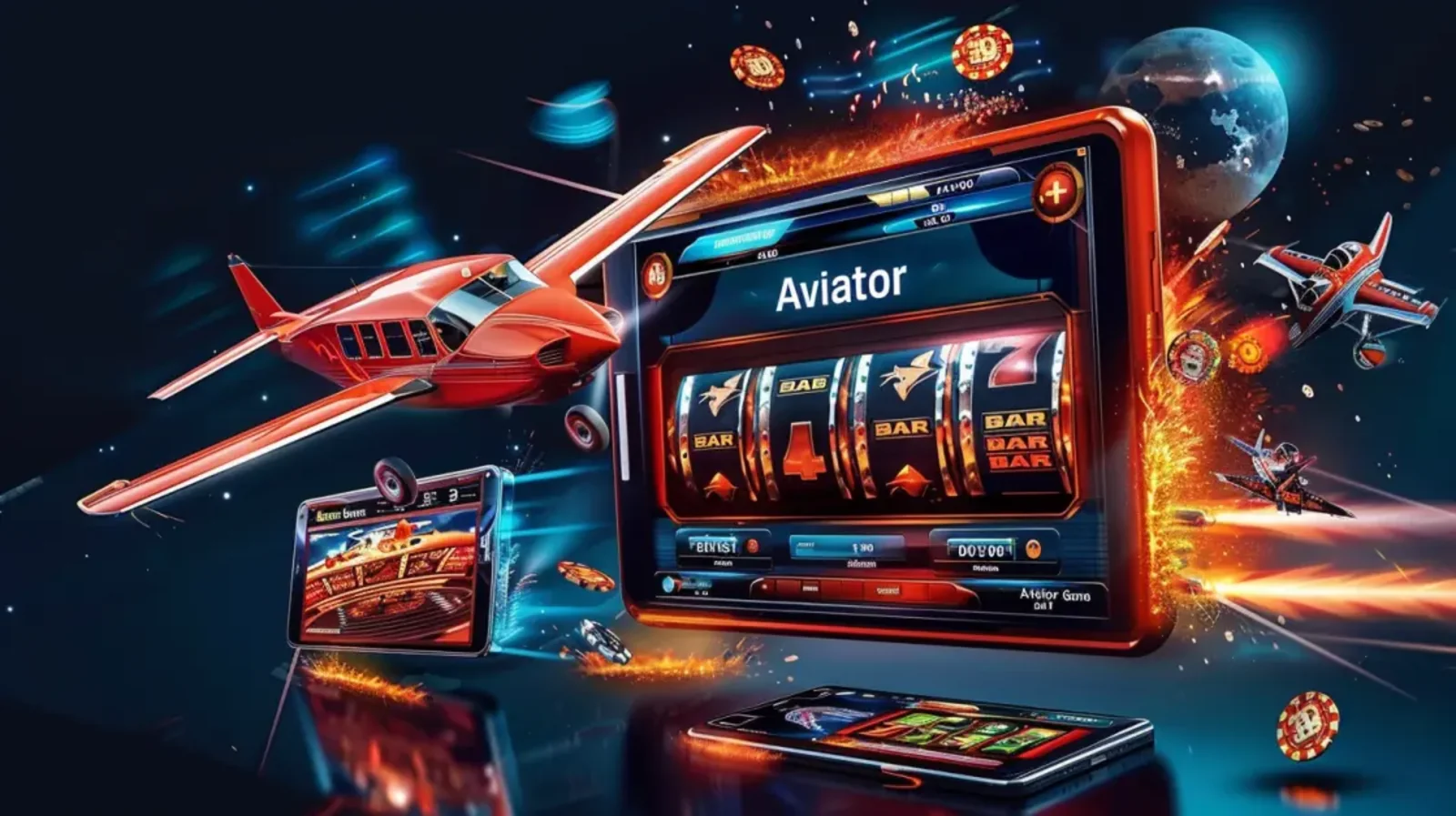 Two smartphones display the interface of an Aviator-style crash game, showing a rising graph line and a red airplane, with vibrant orange soundwaves in the background.
