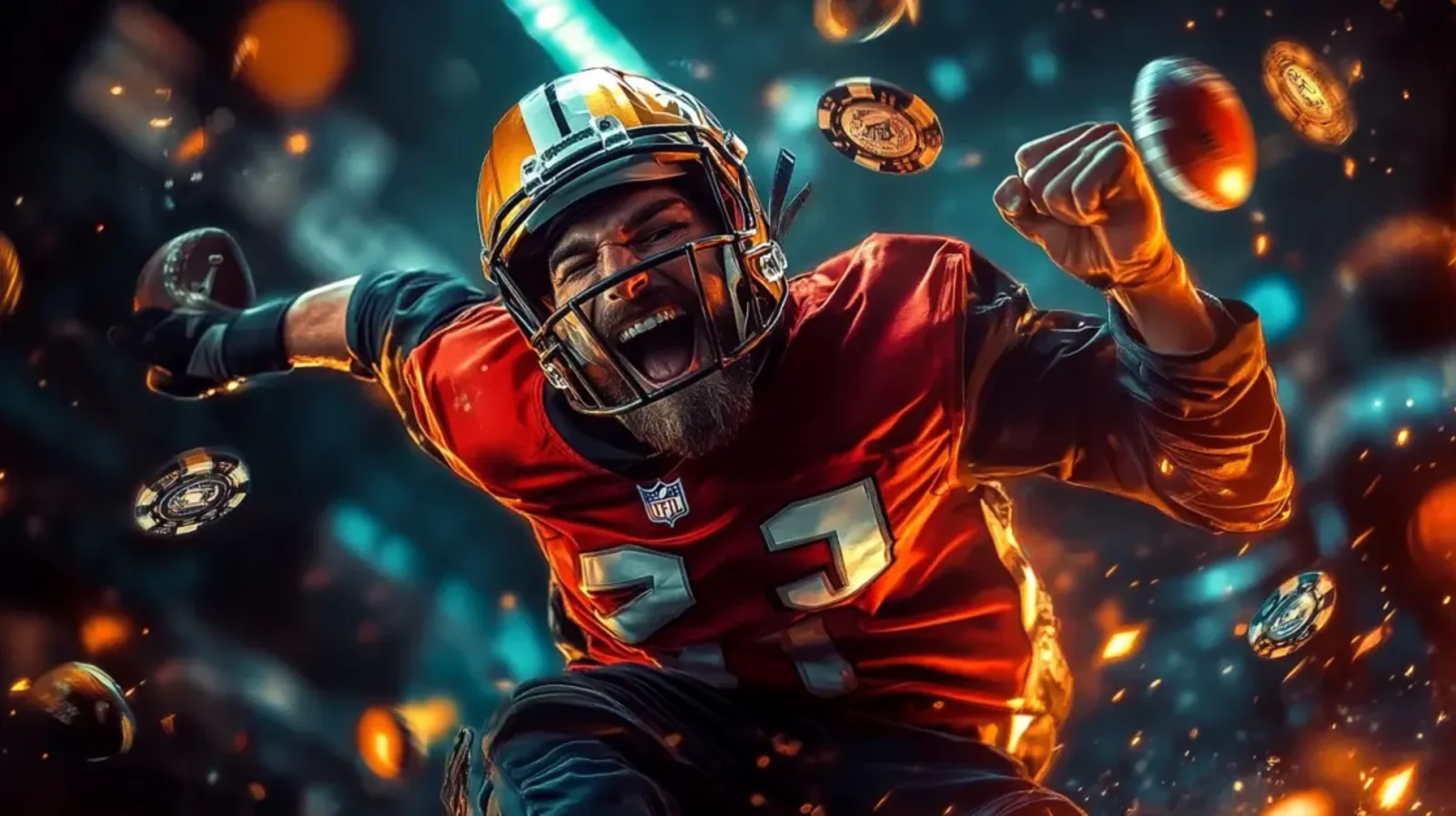 An American football player in a red jersey and helmet shouts in celebration while casino chips fly around him, blending sports action with betting excitement.
