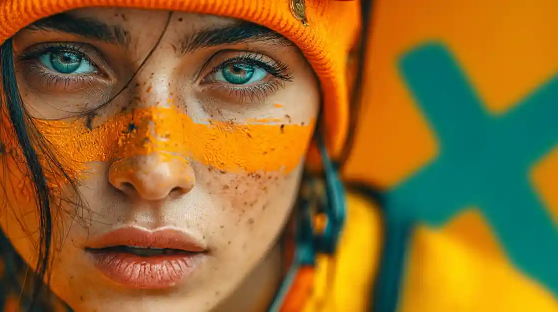 A striking close-up of a woman's face with bright blue eyes, wearing an orange beanie and matching face paint, for a modern sports betting brand.