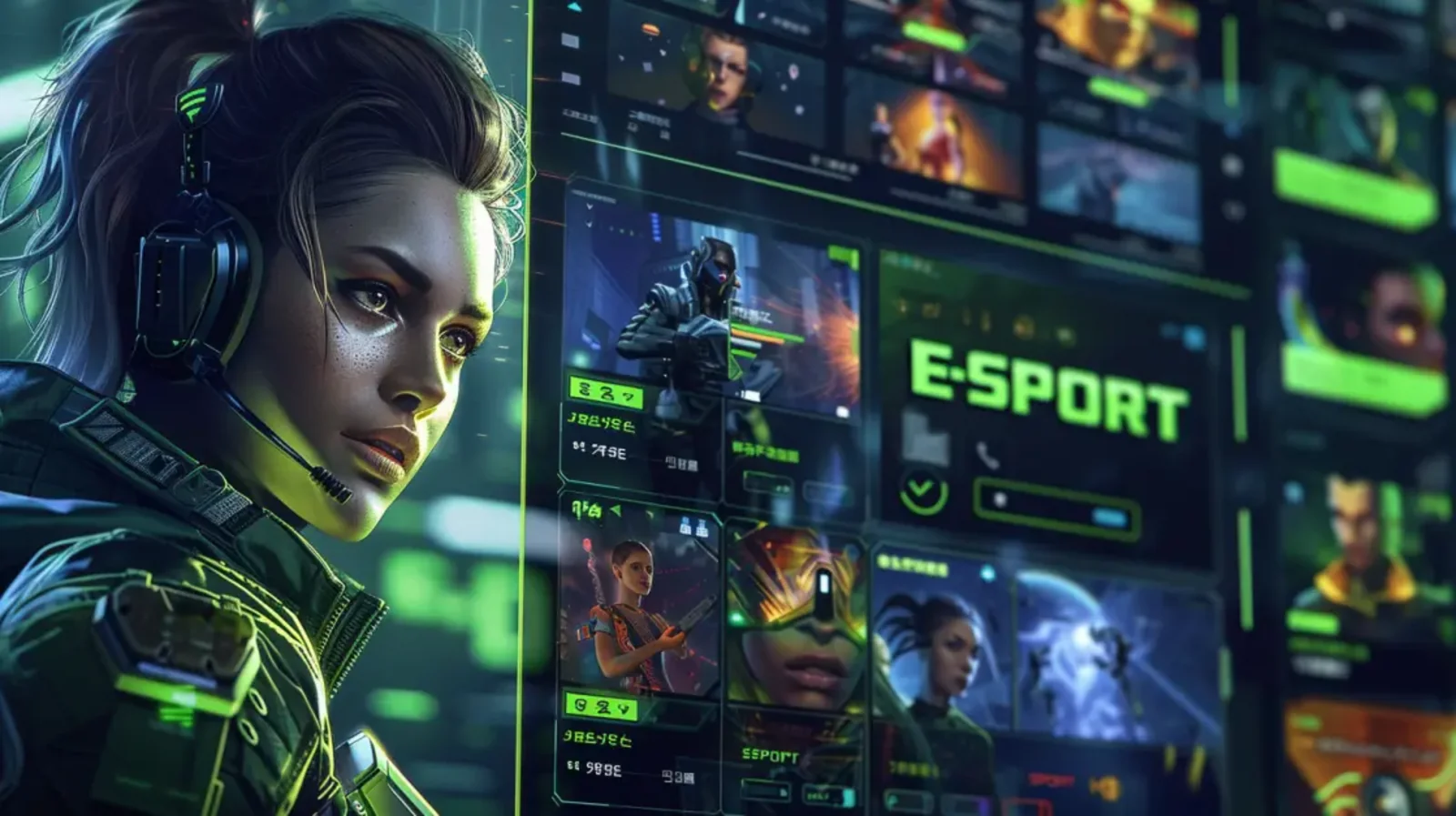 A focused female gamer wearing a headset looks at a futuristic screen displaying an E-SPORT betting platform with various player stats and live matches.
