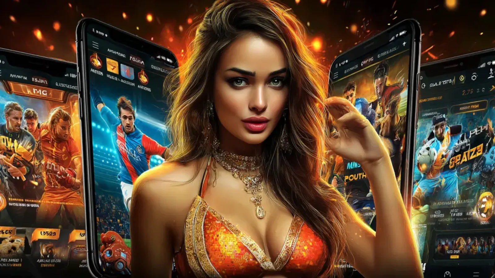 A woman with striking blue eyes looks directly at the camera, surrounded by flames and smartphones displaying sports betting apps and soccer players in action.