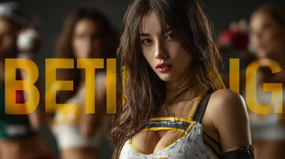 An attractive woman in athletic gear with the word BETTING in large yellow letters, promoting online sports betting.