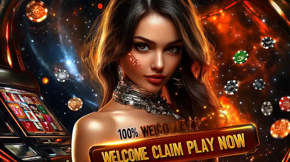 A beautiful woman in a futuristic casino setting with a promotional banner offering a 100% Welcome bonus, inviting players to Claim Play Now.