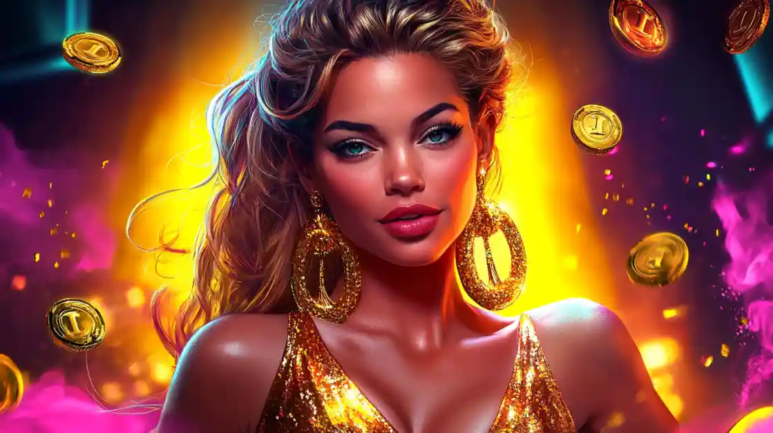 A portrait of a glamorous woman with large gold earrings, surrounded by floating gold coins against a vibrant, glowing background, representing a high-roller casino experience.