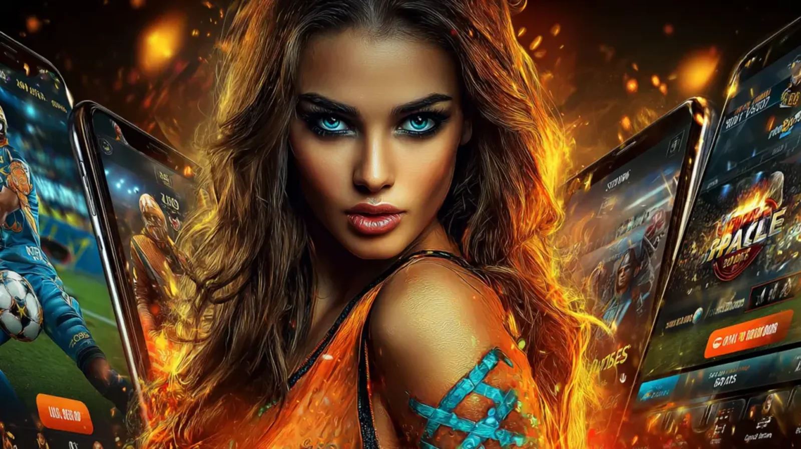 A beautiful woman with purple highlighted hair holds an ornate smartphone displaying a slot game, with golden coins raining down, indicating a bonus win.