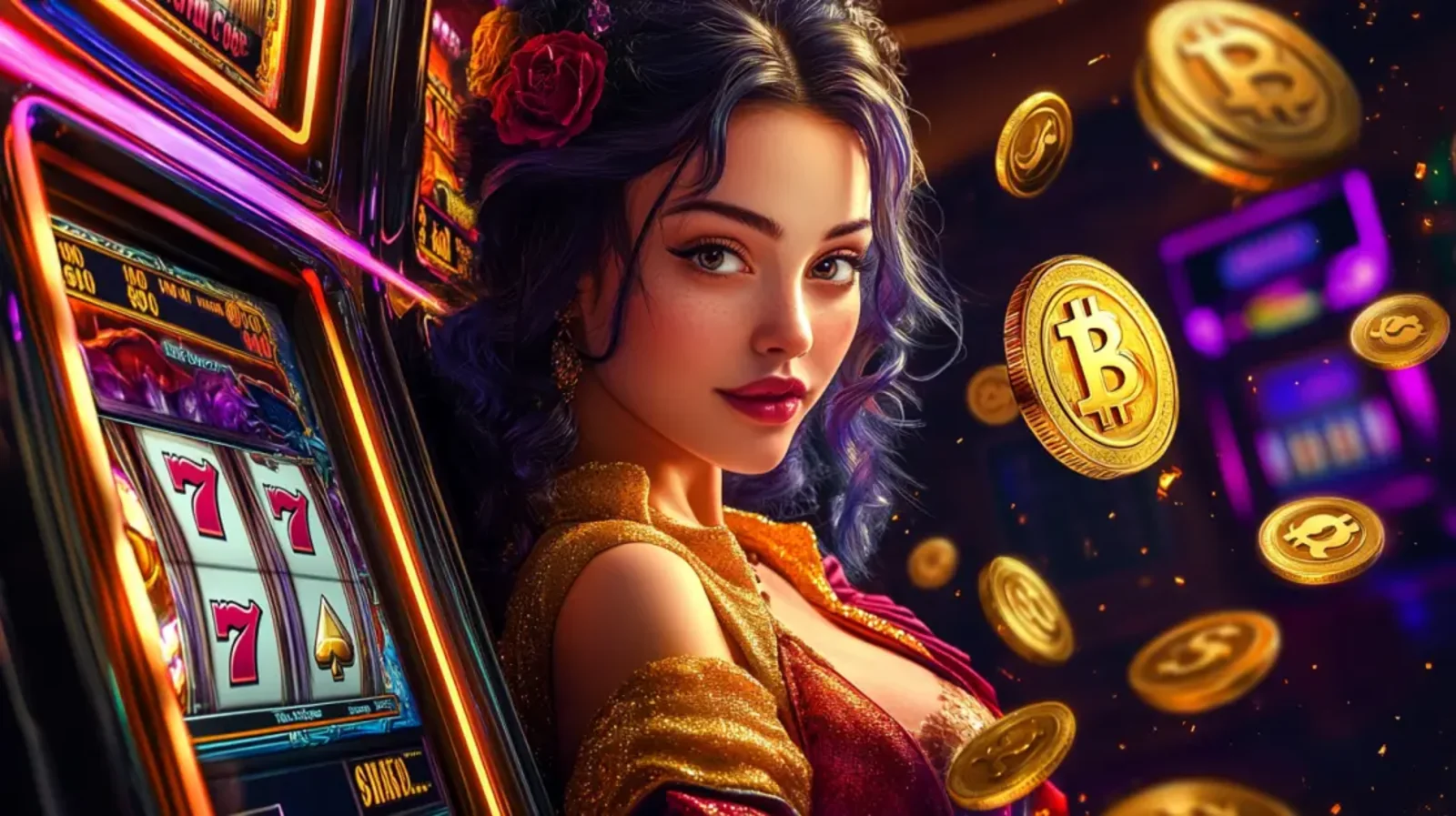 An intense portrait of a woman with long hair surrounded by flames and embers, with various casino game screens glowing in the background, suggesting hot bonuses.
