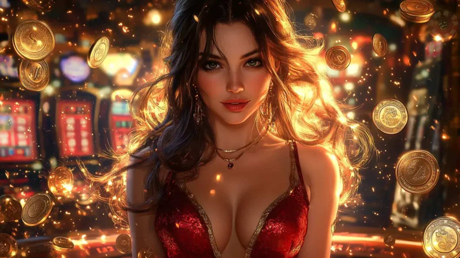 A woman with purple-tinted hair stands beside a glowing slot machine, while large, golden Bitcoin coins float around her, symbolizing crypto bonuses and jackpots.