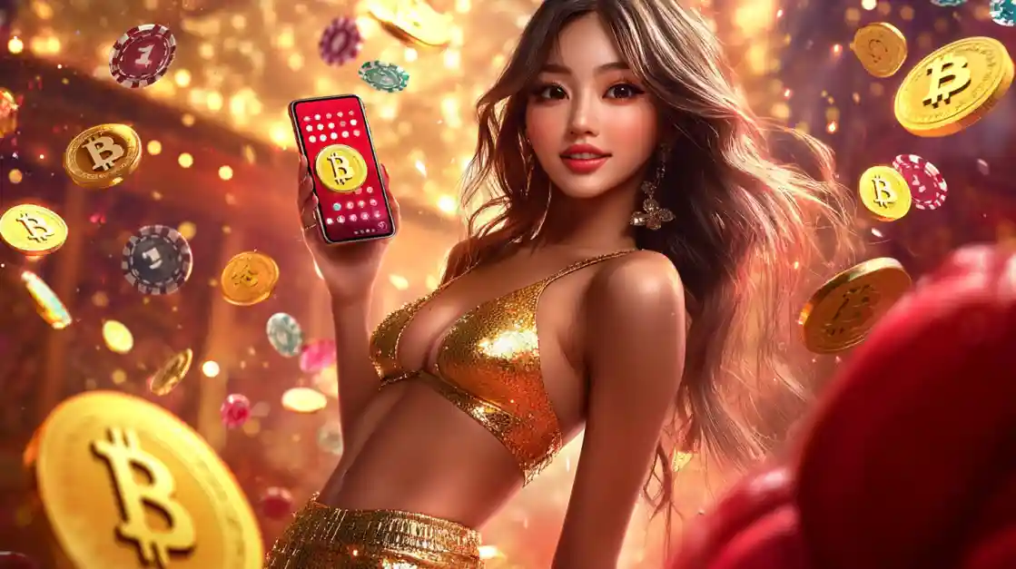 A glamorous woman in a gold outfit holds a smartphone with a Bitcoin app, surrounded by floating Bitcoin symbols and casino chips, promoting a crypto casino.