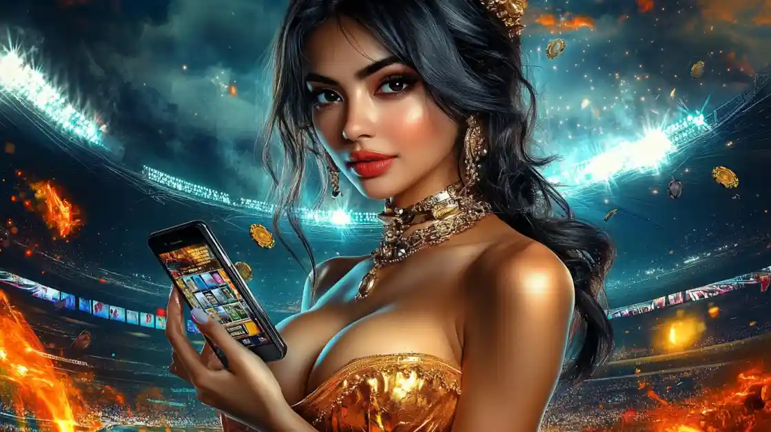 A glamorous woman in a gold dress holding a smartphone with an online casino app, with the bright lights of a stadium in the background.
