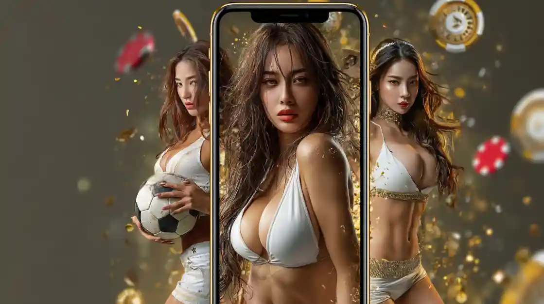 Three beautiful women in sporty outfits promoting online sports betting, with one holding a football, framed by a smartphone and floating casino chips.