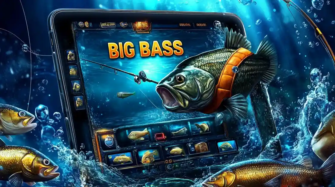 A promotional image for the Big Bass online slot game, showing a large bass fish hooked and jumping out of a tablet screen into the water.