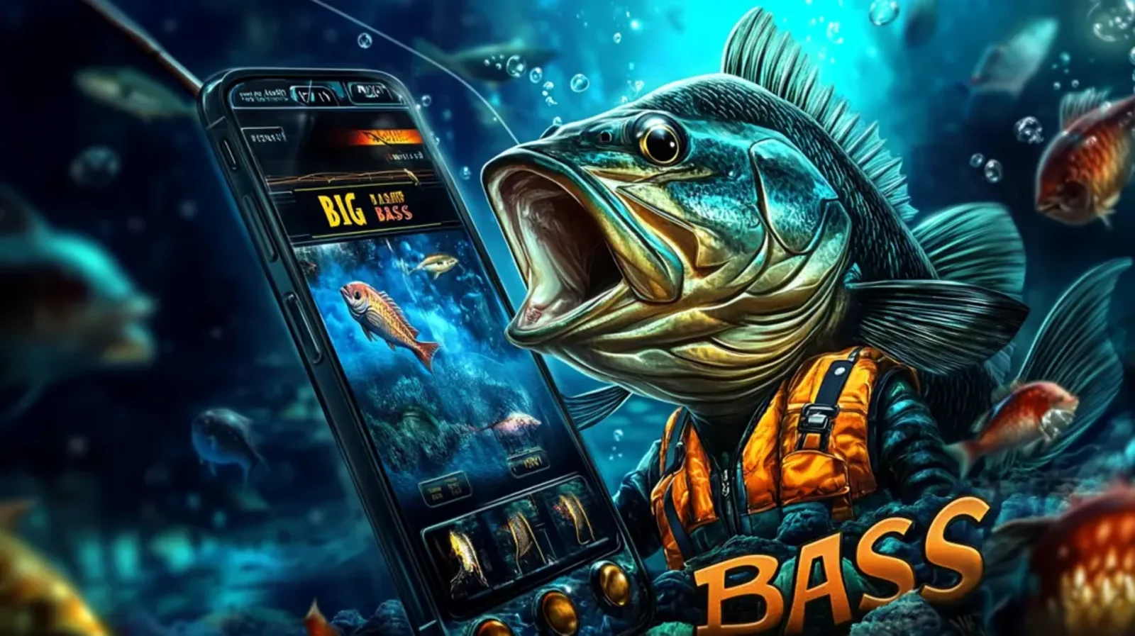 An enormous bass fish wearing a life vest is shown next to a smartphone displaying the Big Bass fishing-themed slot game, all set in an underwater scene.