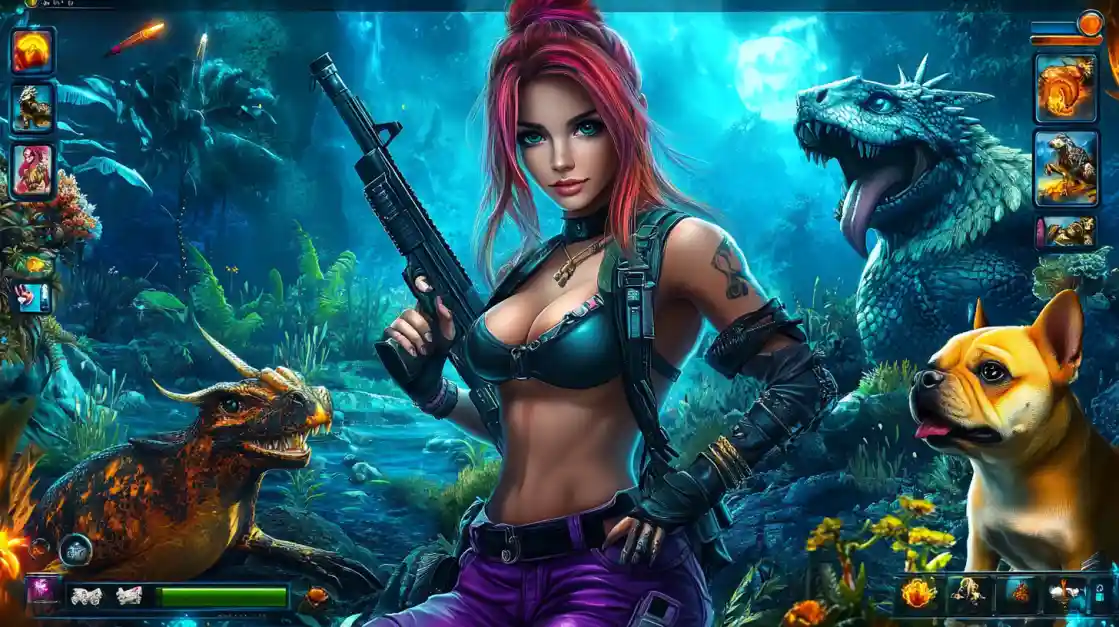 A female warrior with pink hair and a shotgun standing in a fantasy jungle with dragons and a dog, representing an adventure-themed online casino game.