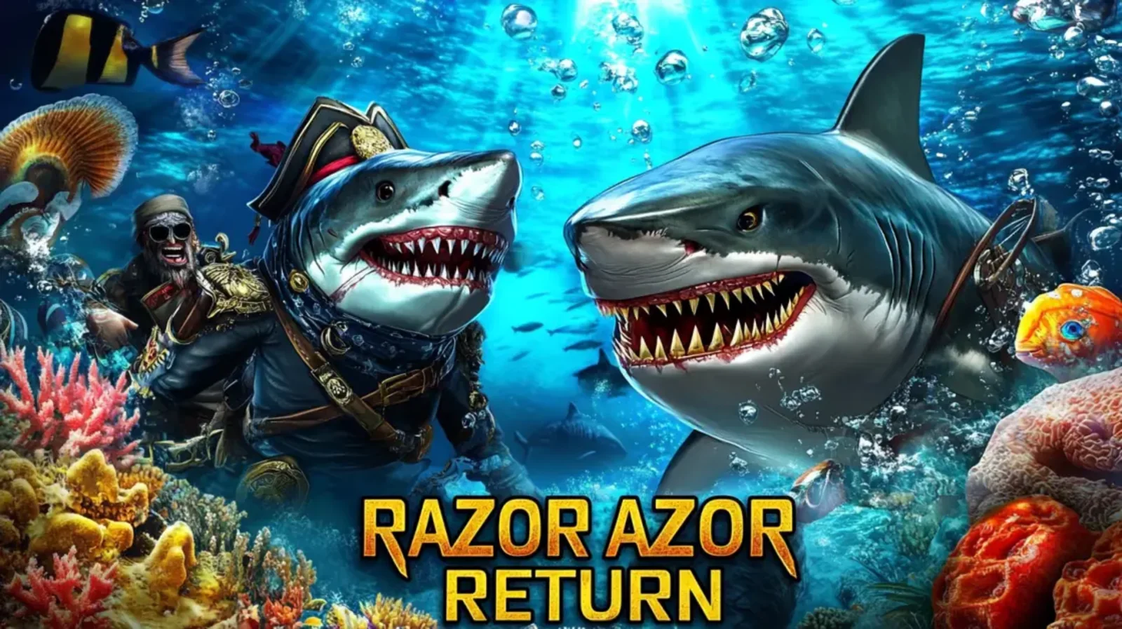 Two menacing sharks, one dressed as a pirate, are featured in a vibrant underwater coral reef scene with the game title RAZOR AZOR RETURN in bold letters.