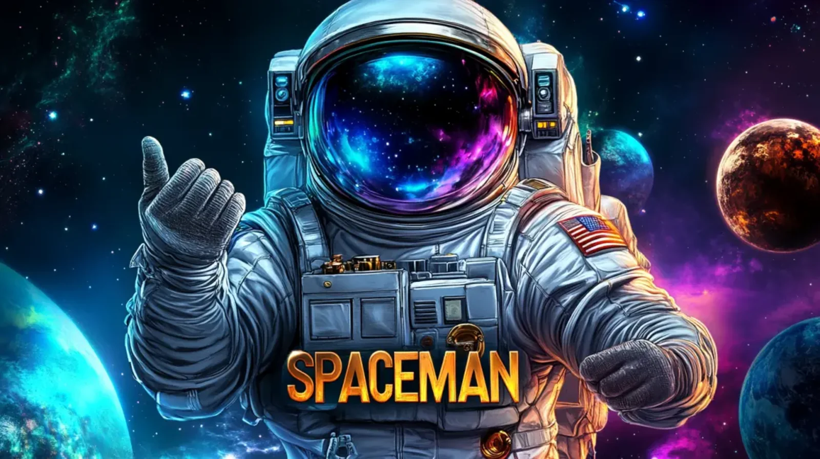 An astronaut in a detailed spacesuit gives a thumbs-up gesture while floating in outer space, with colorful nebulas and planets behind him and the game title SPACEMAN.
