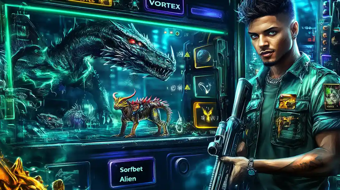 A male character holding a rifle in a futuristic setting, promoting the Vortex online slot game which features a glowing green dragon.