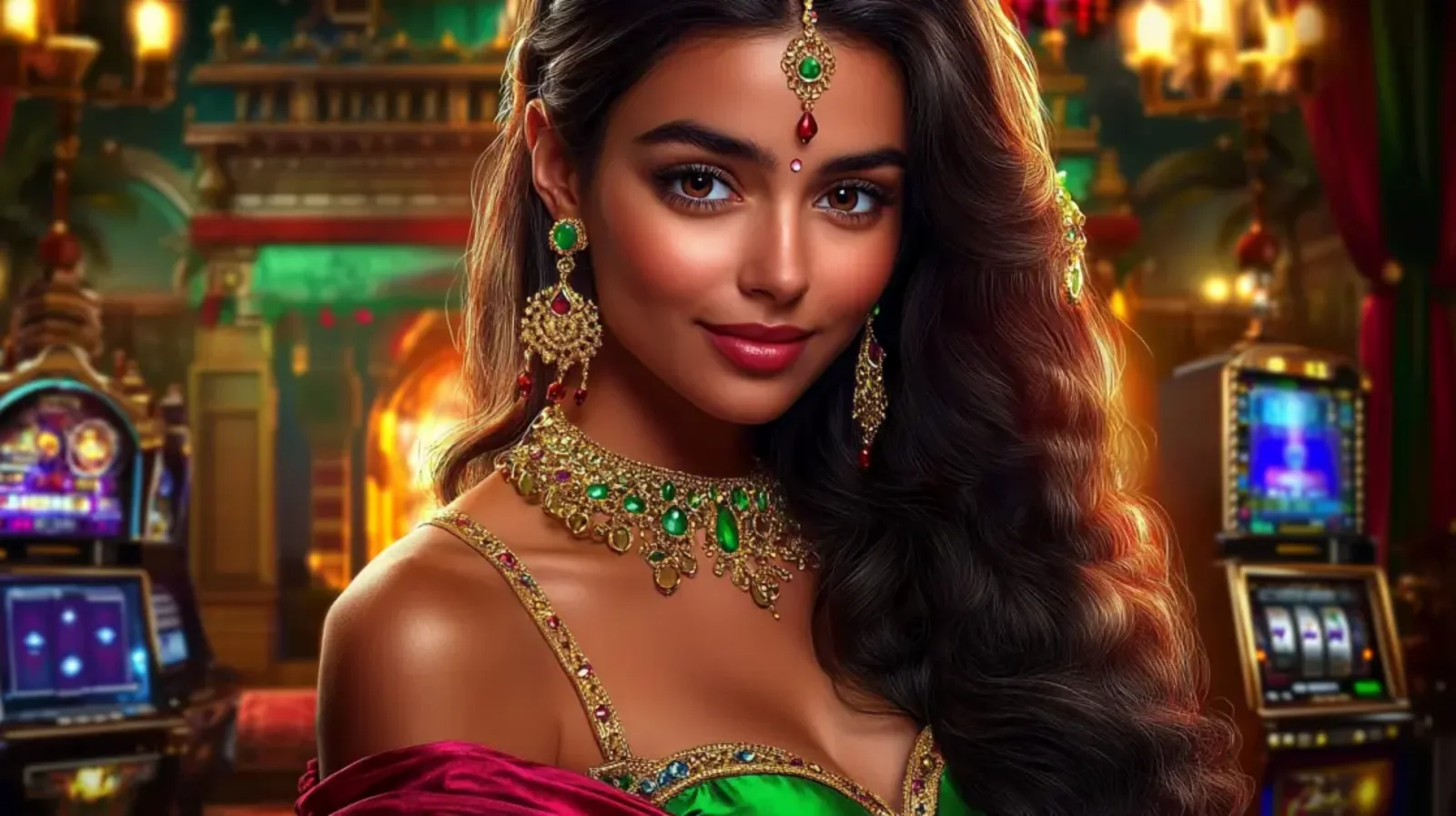 A glamorous woman with long wavy hair in a sparkling red dress stands in a brightly lit casino, surrounded by a shower of shimmering gold coins.