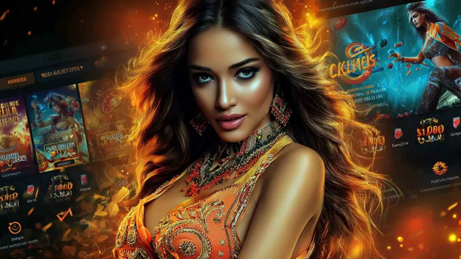 A fashionable woman in a golden dress and sunglasses stands among slot machines, with gold coins featuring dollar signs raining down around her in a high-energy casino.