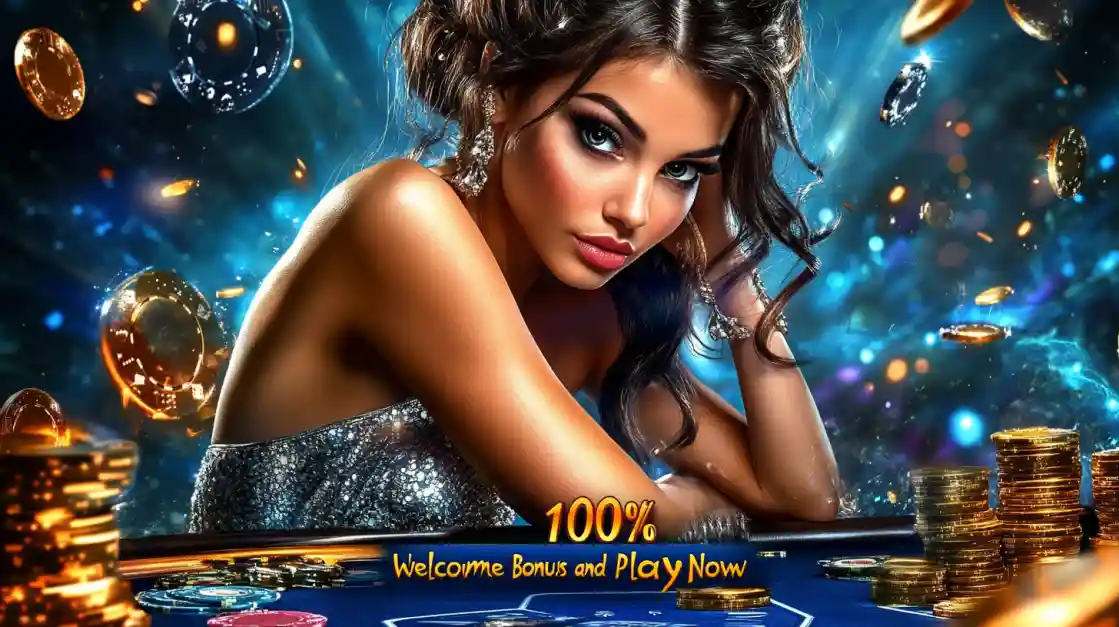 A beautiful woman at a casino table surrounded by gold coins, with a banner offering a 100% Welcome Bonus and Play Now.