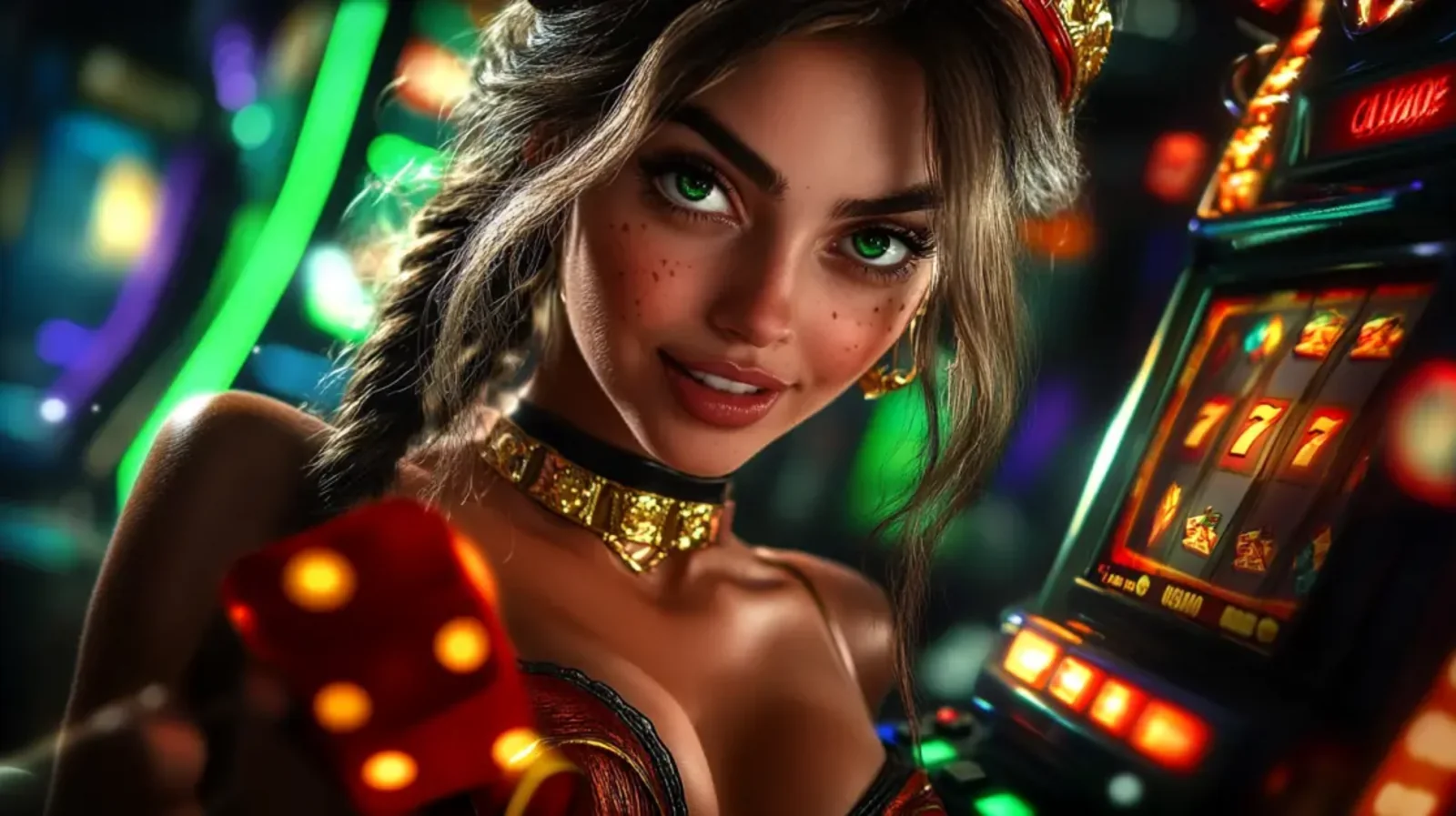 An elegant woman, representing a live casino dealer, holds up a smartphone displaying a fantasy-themed slot game, inviting players to join the live action.