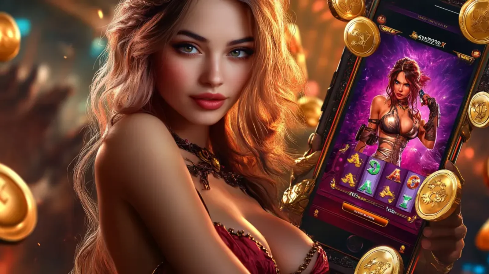 A cheerful woman in a sparkling red bikini top holds playing cards in a live casino setting, with stacks of poker chips and a roulette wheel blurred in the background.