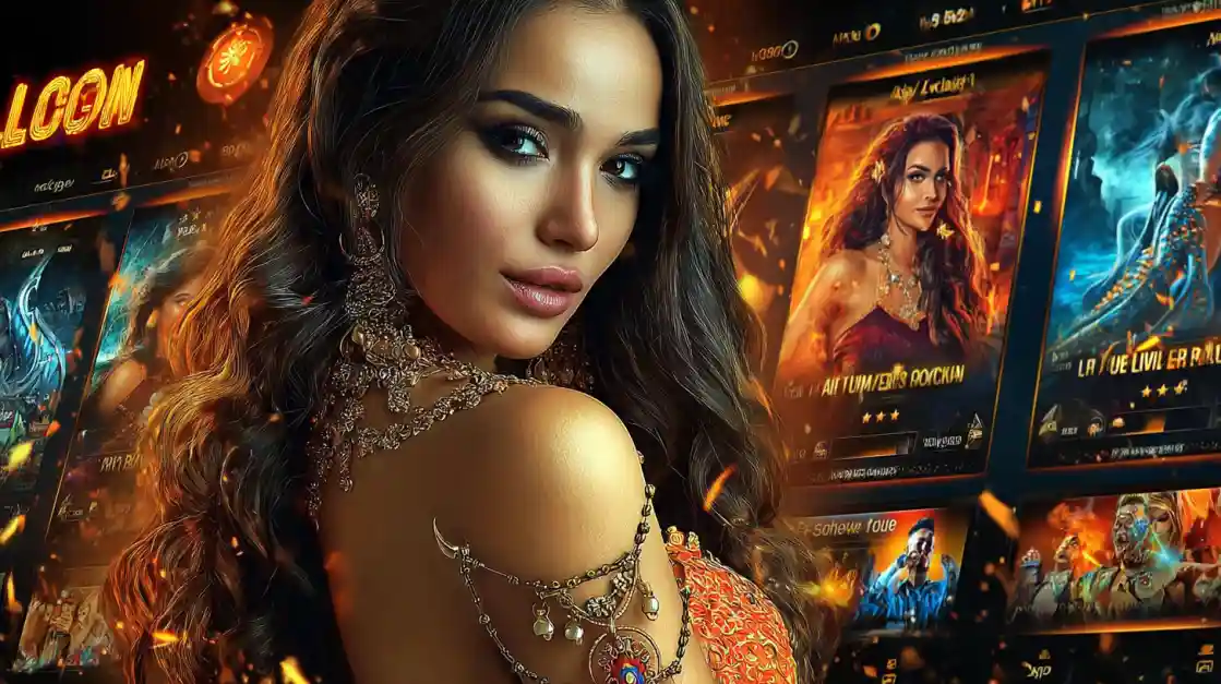 A beautiful woman looks back at the camera in front of a large screen displaying a wide selection of characters from different online casino games.