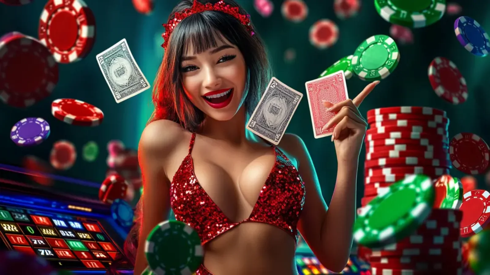 A close-up of a woman with captivating green eyes and freckles, holding a red die in a live casino environment with a glowing slot machine visible behind her.