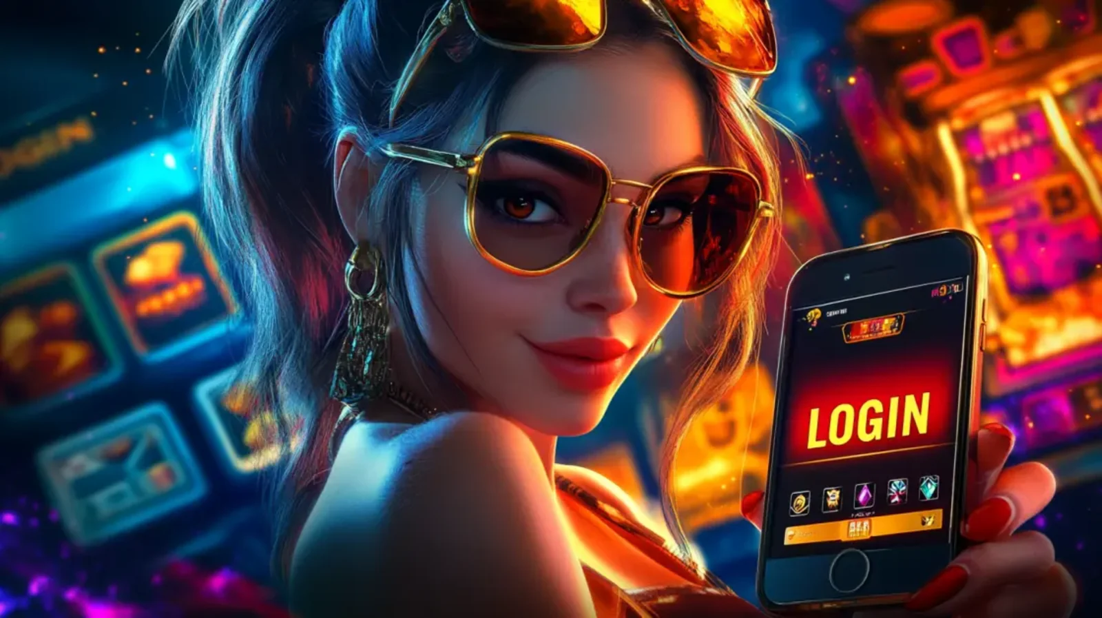 A stylish woman with sunglasses and red lipstick holds a smartphone with a glowing red LOGIN screen for a casino app, set against a background of slot machines.