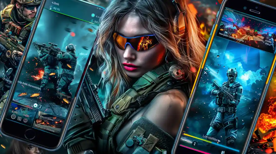 A female character in tactical gear and glasses surrounded by smartphones showing scenes from various action-packed shooter-style casino games.