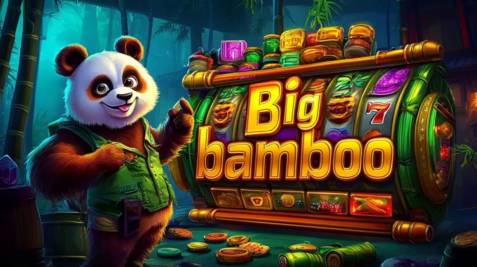 A friendly cartoon panda in a green vest stands next to a large, bamboo-framed slot machine with the title Big Bamboo in a lush jungle setting.