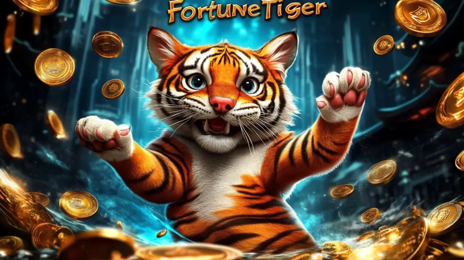 A cute and energetic tiger cub with paws raised in excitement is surrounded by floating gold coins, representing the Fortune Tiger slot game.