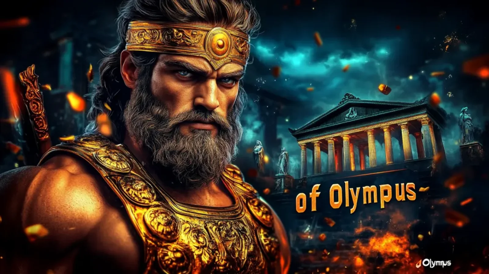 A powerful depiction of the Greek god Zeus with a stern expression and a golden headband, standing before the temple of Olympus for the popular slot game.