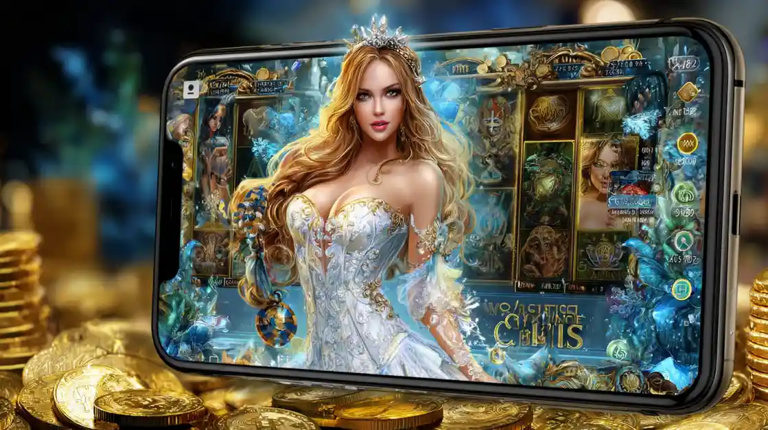 A smartphone screen displaying a fantasy-themed slot game with a beautiful princess, with the phone resting on a large pile of gold coins.