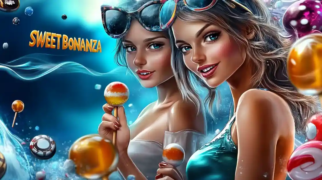 Promotional image for the Sweet Bonanza slot game, featuring two beautiful women with lollipops in a colorful, candy-filled water scene.
